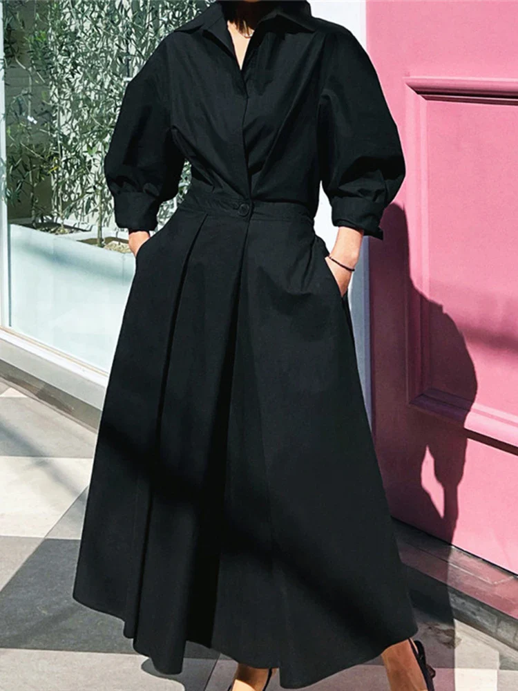 LANMREM Korean Dress For Women Lapel Single Button Long Sleeves Designer Dresses Spliced Female Clothing 2023 New 2YA1422 - Image 3