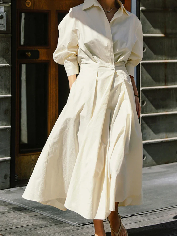 LANMREM Korean Dress For Women Lapel Single Button Long Sleeves Designer Dresses Spliced Female Clothing 2023 New 2YA1422 - Image 4