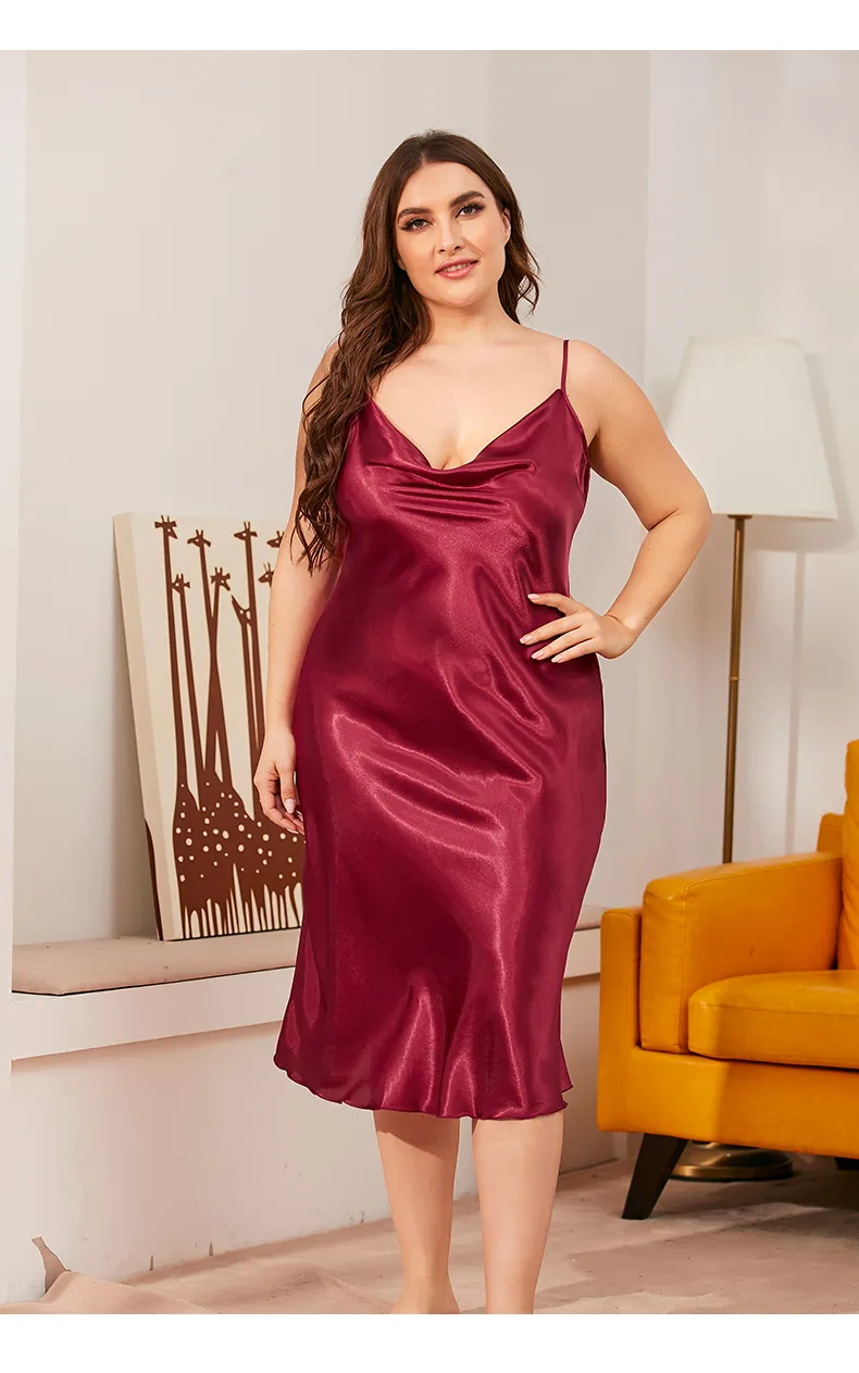 Large size Women's Sleepwears Dress Homewear Solid Thin Satin Nightdress Summer Sleepwear Sexy Plus Size Dresses Nightgown - Image 4