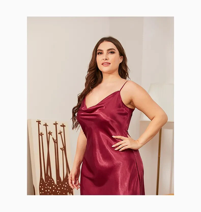 Large size Women's Sleepwears Dress Homewear Solid Thin Satin Nightdress Summer Sleepwear Sexy Plus Size Dresses Nightgown - Image 5