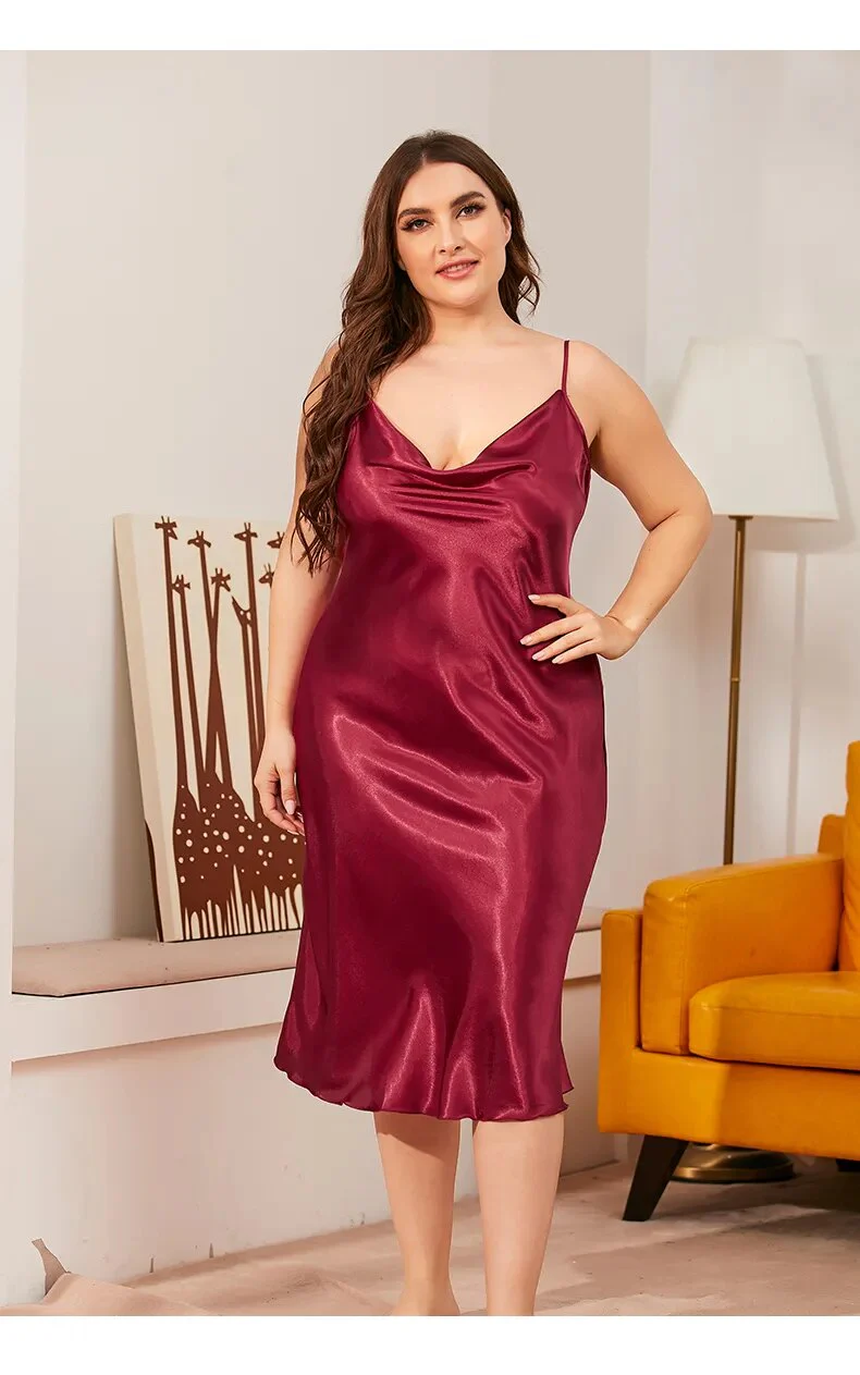 Large size Women's Sleepwears Dress Homewear Solid Thin Satin Nightdress Summer Sleepwear Sexy Plus Size Dresses Nightgown - Image 9