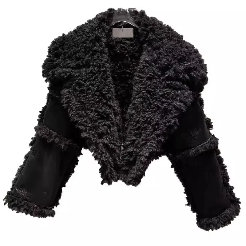 Lautaro Autumn Winter Short Hairy Thick Warm Black Faux Sheepskin Coat Women with Long Sleeve Luxury Designer Fluffy Jacket 2023 - Image 2