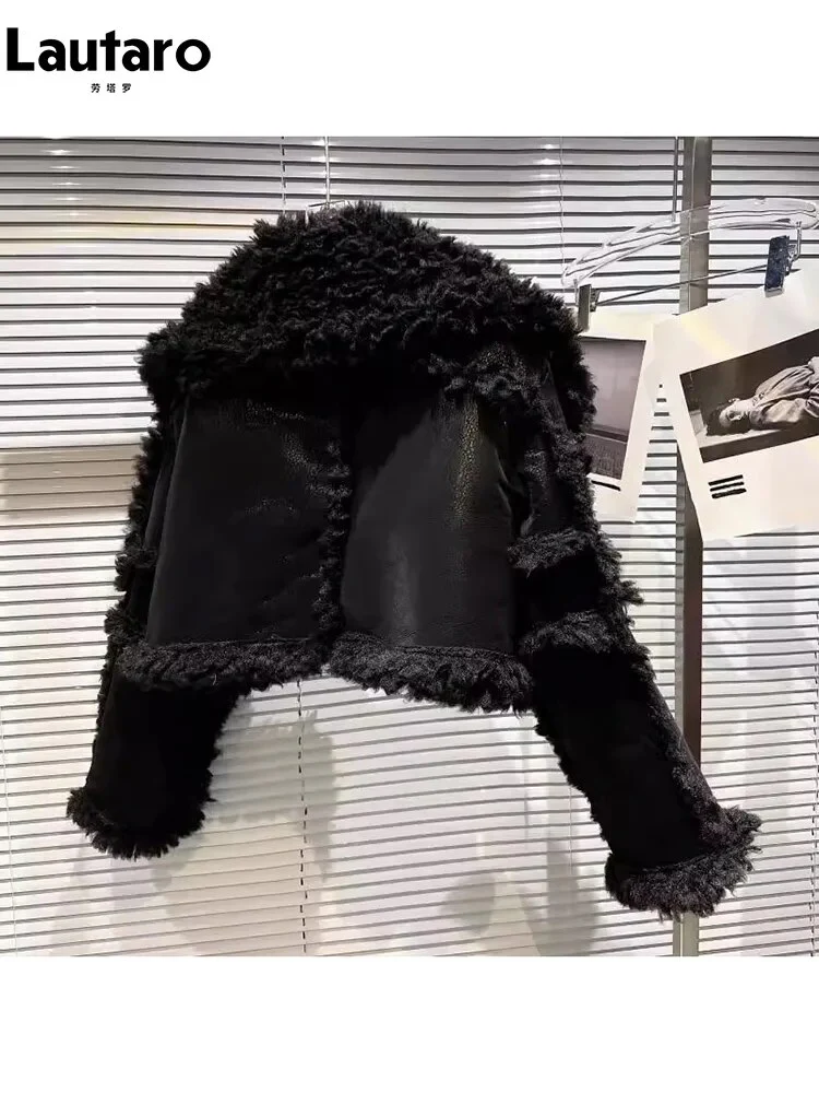 Lautaro Autumn Winter Short Hairy Thick Warm Black Faux Sheepskin Coat Women with Long Sleeve Luxury Designer Fluffy Jacket 2023 - Image 3