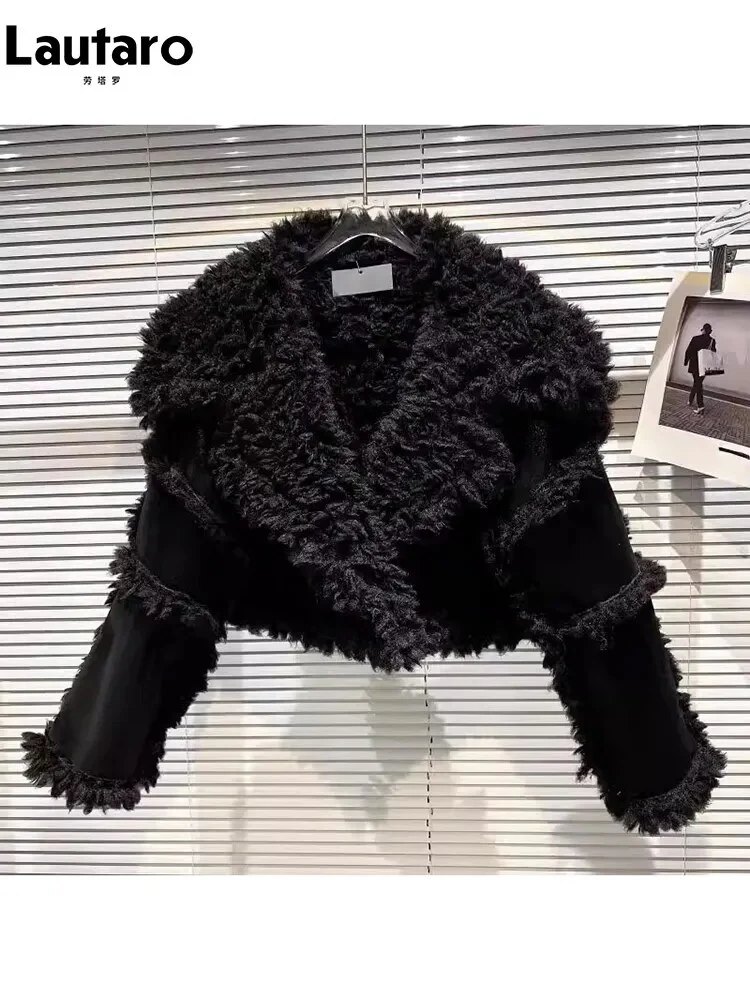 Lautaro Autumn Winter Short Hairy Thick Warm Black Faux Sheepskin Coat Women with Long Sleeve Luxury Designer Fluffy Jacket 2023 - Image 6