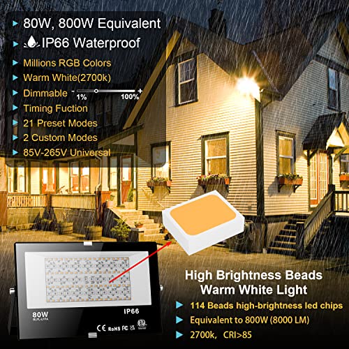LED Flood Light Outdoor 800W Equivalent Bluetooth Smart Color Change Landscape Lighting DIY-Scene+RGB Colors+Warm White 2700K - APP & Group Control & Timing, IP66 Waterproof US 3-Plug Up Light 4Pack - Image 15