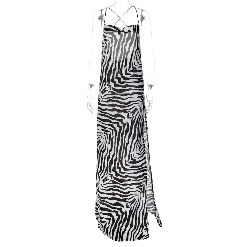 LEDP Women's Dress Y2k Elegant Beach Long Dress Women's Summer Sexy Straps Side Slit Club Party Dress Halter Zebra Sundress - Image 2