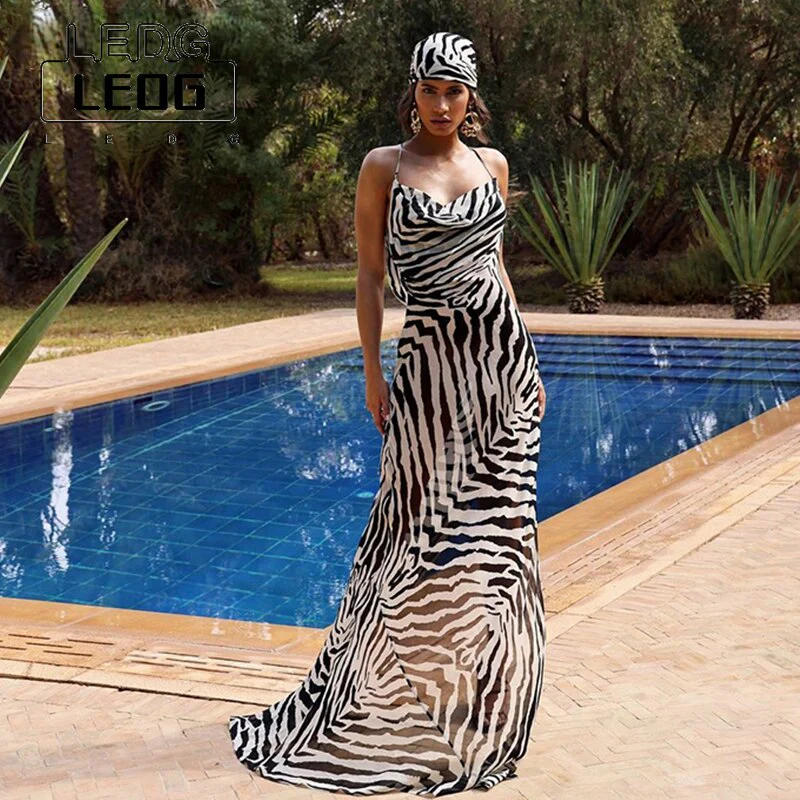 LEDP Women's Dress Y2k Elegant Beach Long Dress Women's Summer Sexy Straps Side Slit Club Party Dress Halter Zebra Sundress - Image 4