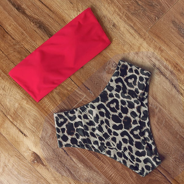 Leopard Bikini High Waist Swimsuit Women Bikini 2022 Push Up Bandeau Women Off Shoulder Beach Swimming Suit Brazilian Swimwear - Image 4