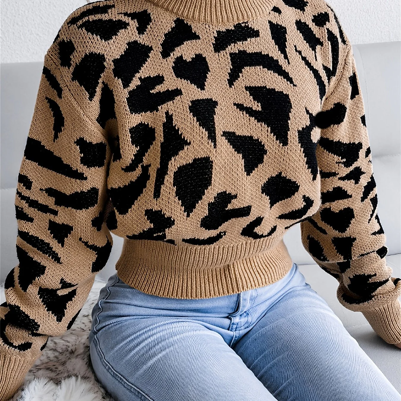Leopard Print Crop Sweater, Casual Crew Neck Long Sleeve Sweater, Casual Tops For Fall & Winter, Women's Clothing - Image 11