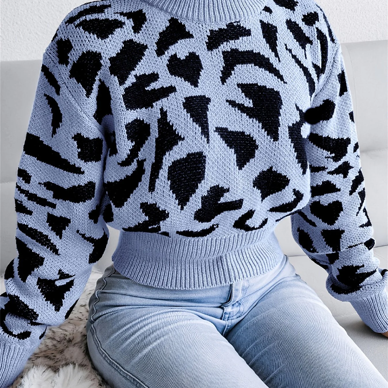 Leopard Print Crop Sweater, Casual Crew Neck Long Sleeve Sweater, Casual Tops For Fall & Winter, Women's Clothing - Image 12