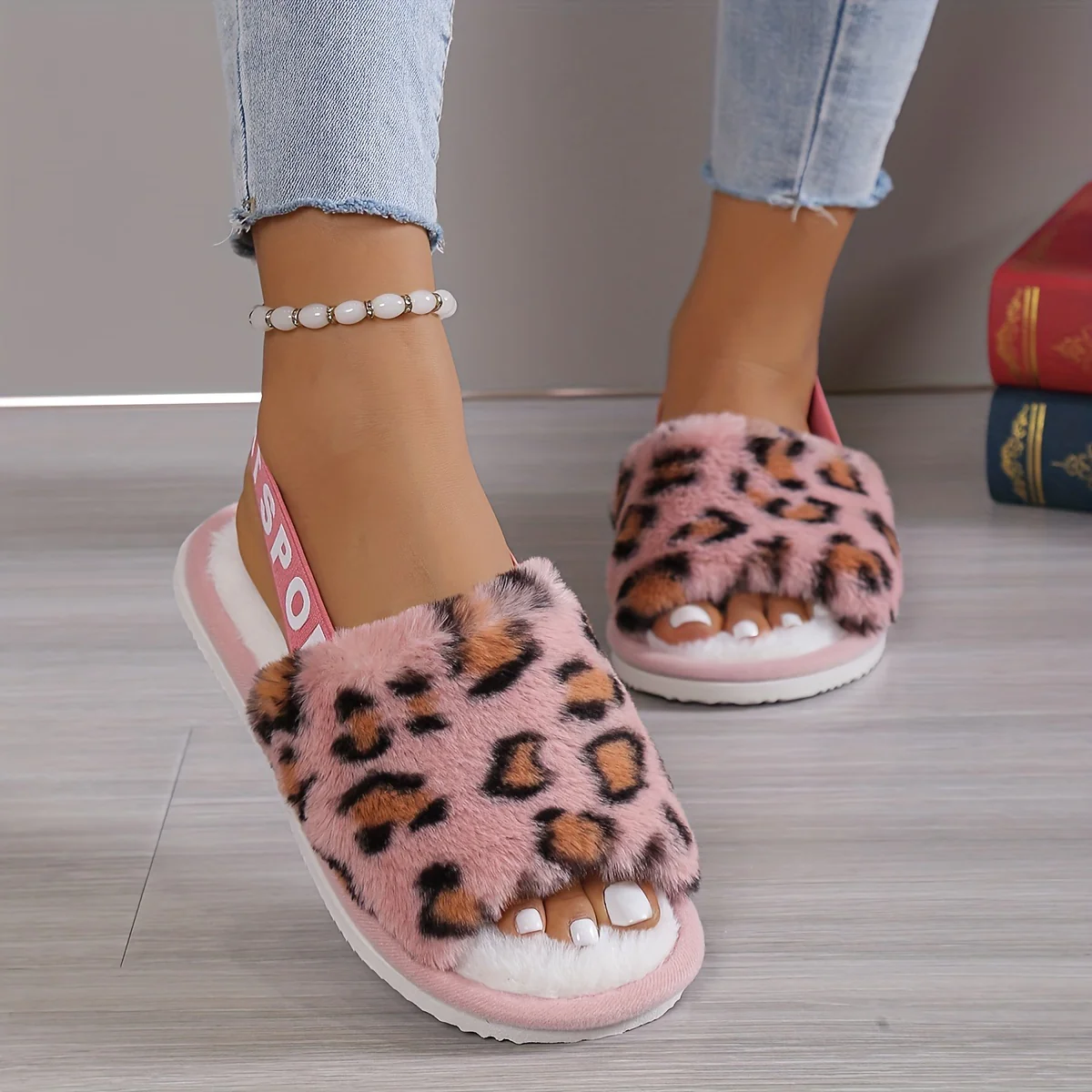 Leopard Print Fuzzy Flat Slippers, Open Toe Elastic Strap Slip On Shoes, Cozy & Warm Home Slipper Sandals - Image 2