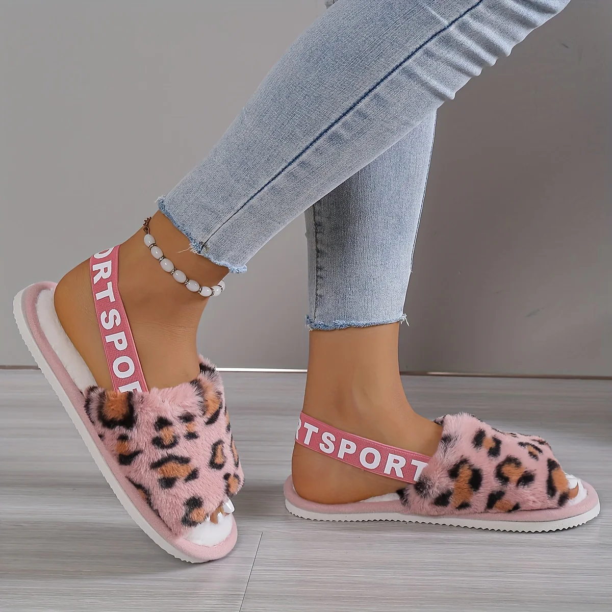 Leopard Print Fuzzy Flat Slippers, Open Toe Elastic Strap Slip On Shoes, Cozy & Warm Home Slipper Sandals - Image 3
