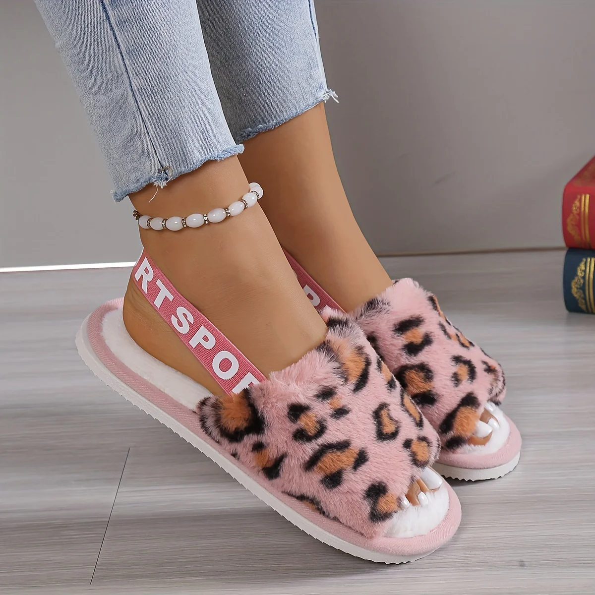 Leopard Print Fuzzy Flat Slippers, Open Toe Elastic Strap Slip On Shoes, Cozy & Warm Home Slipper Sandals - Image 4