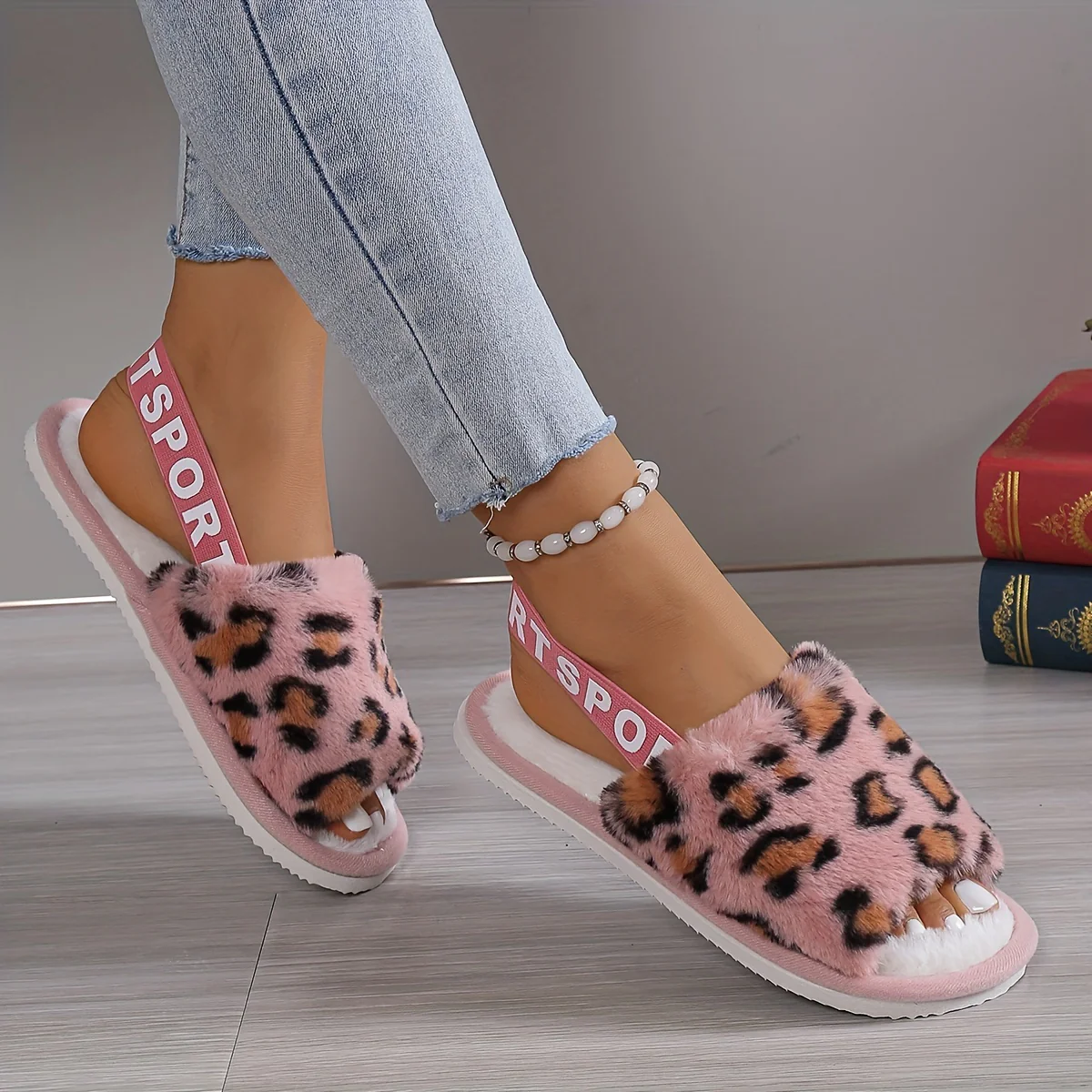 Leopard Print Fuzzy Flat Slippers, Open Toe Elastic Strap Slip On Shoes, Cozy & Warm Home Slipper Sandals - Image 5