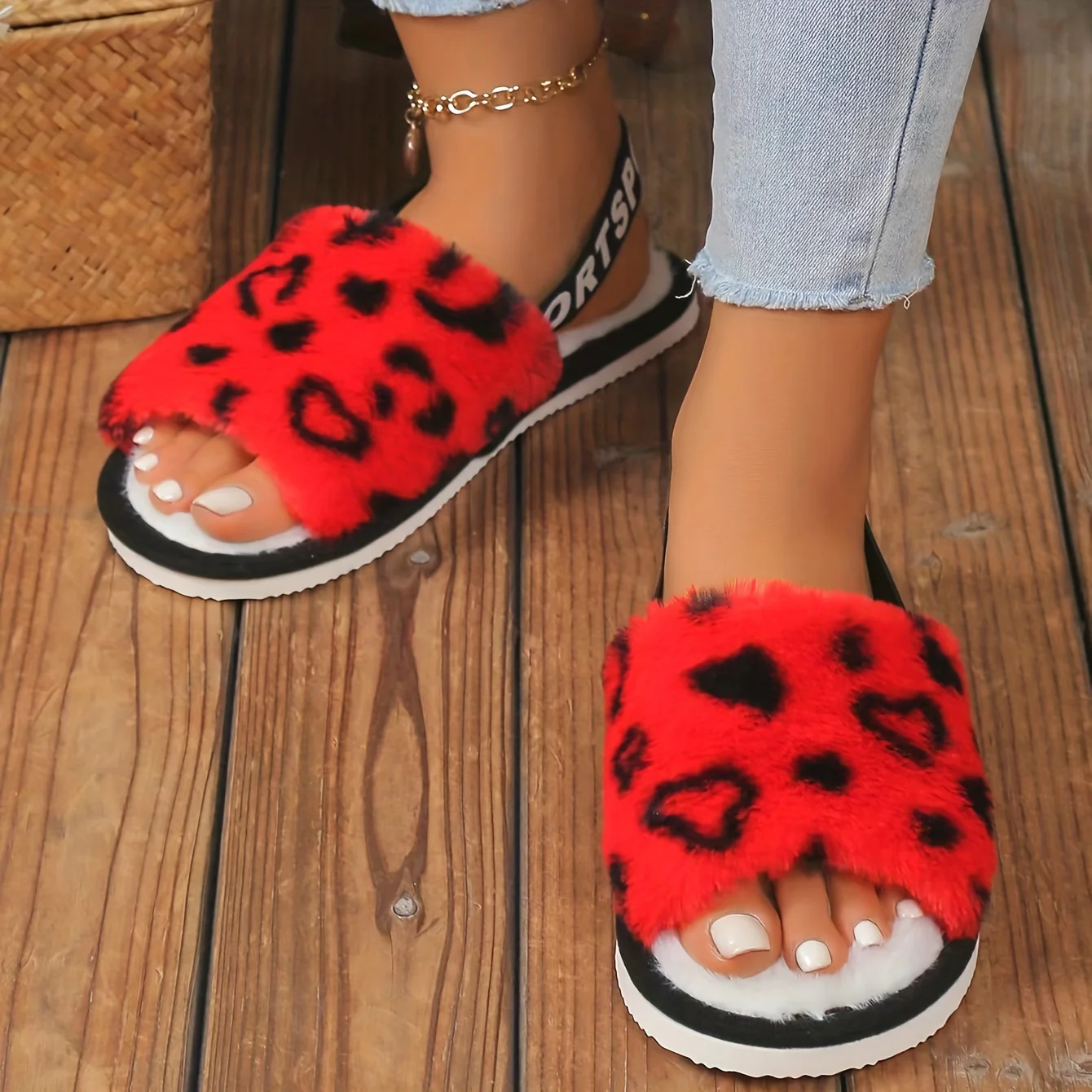 Leopard Print Fuzzy Flat Slippers, Open Toe Elastic Strap Slip On Shoes, Cozy & Warm Home Slipper Sandals - Image 8