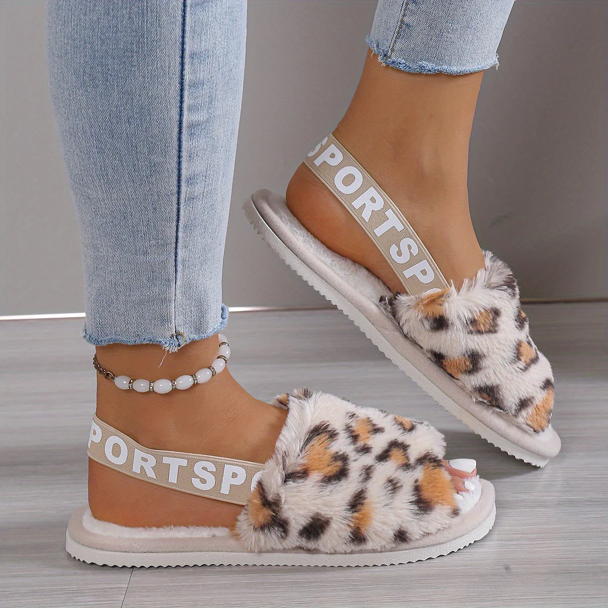Leopard Print Fuzzy Flat Slippers, Open Toe Elastic Strap Slip On Shoes, Cozy & Warm Home Slipper Sandals - Image 9