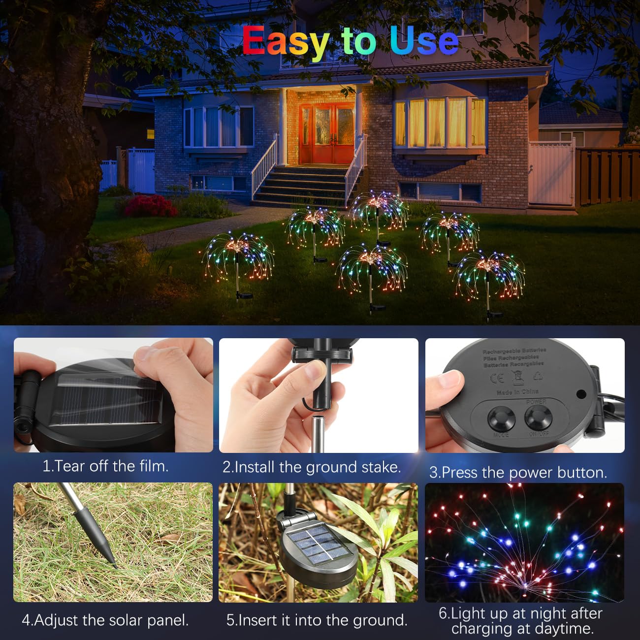 Lewondr Firework Solar Garden Lights, 120 LED Solar Firework Lights with 8 Lighting Modes, Waterproof Sparkler Starburst Solar Lights Outdoor for Yard Porch Patio Backyard Christmas Decor Gift, 4 Pack - Image 5