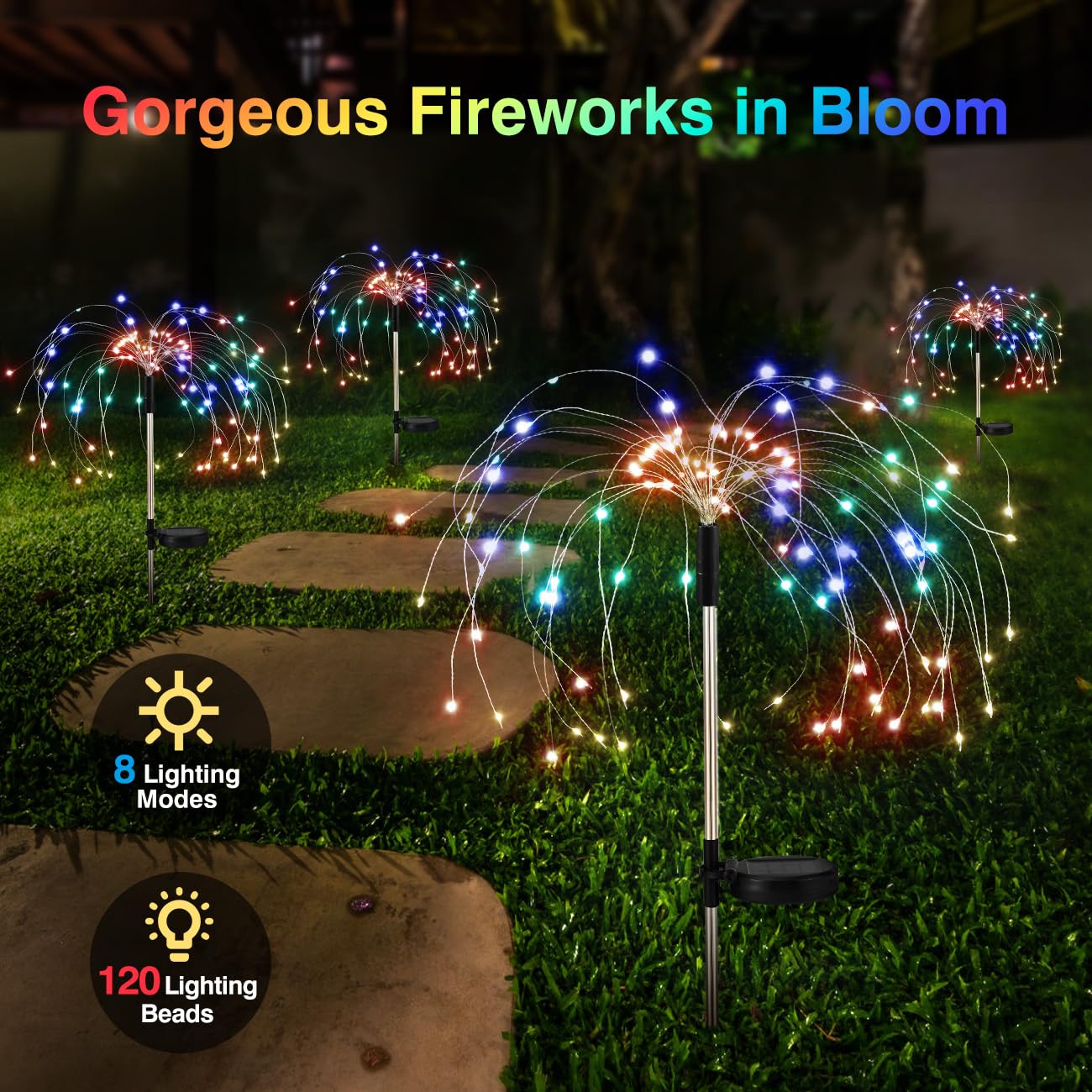 Lewondr Firework Solar Garden Lights, 120 LED Solar Firework Lights with 8 Lighting Modes, Waterproof Sparkler Starburst Solar Lights Outdoor for Yard Porch Patio Backyard Christmas Decor Gift, 4 Pack - Image 8
