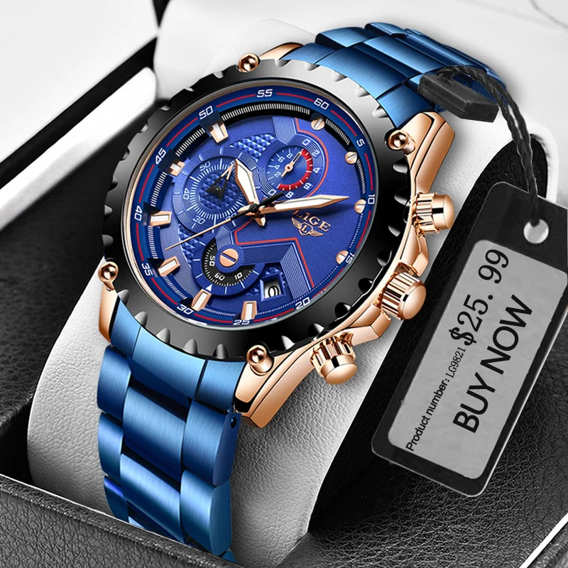 LIGE Fashion Mens Watches Top Luxury Brand Silver Stainless Steel 30m Waterproof Quartz - Image 2