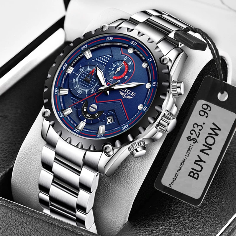 LIGE Fashion Mens Watches Top Luxury Brand Silver Stainless Steel 30m Waterproof Quartz - Image 4