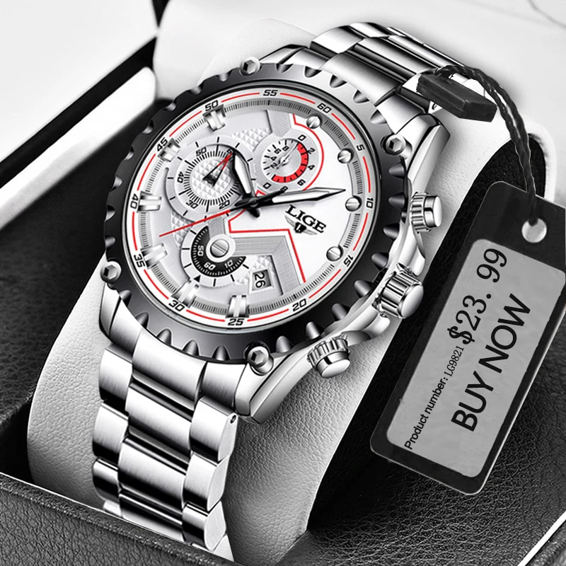 LIGE Fashion Mens Watches Top Luxury Brand Silver Stainless Steel 30m Waterproof Quartz - Image 7