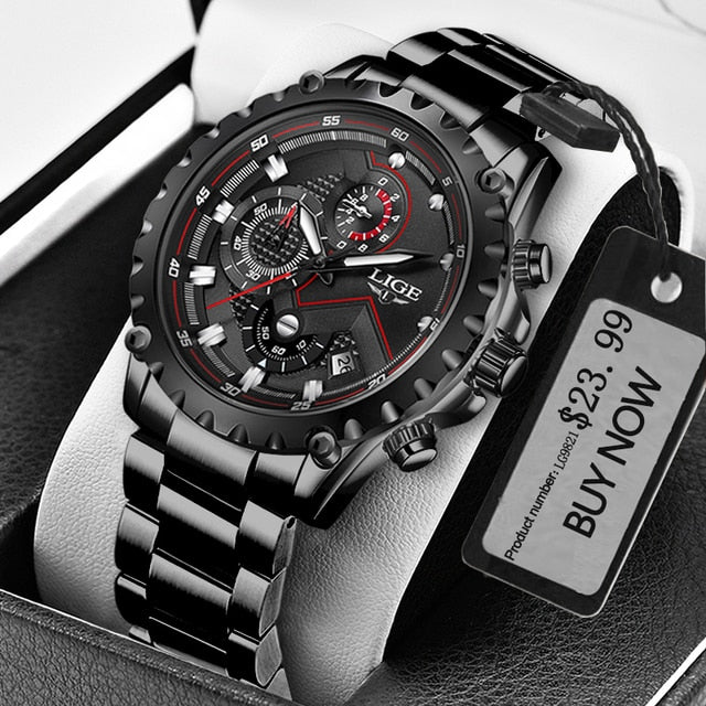 LIGE Fashion Mens Watches Top Luxury Brand Silver Stainless Steel 30m Waterproof Quartz - Image 9