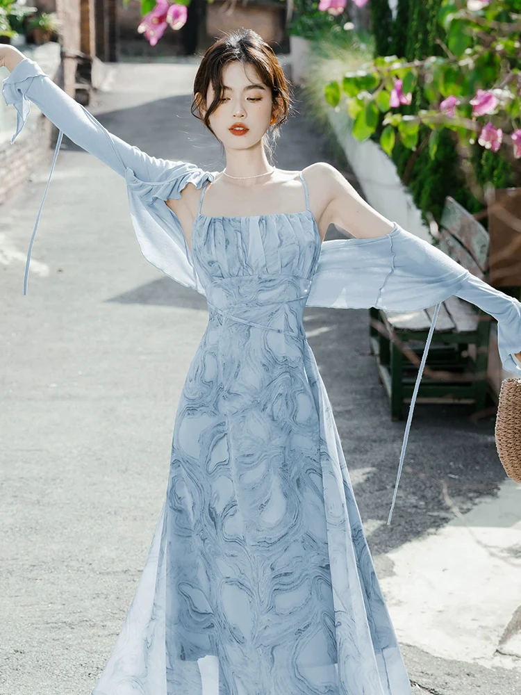 Light Blue Chic and Beautiful Two-piece Set Sling Dress - Image 2