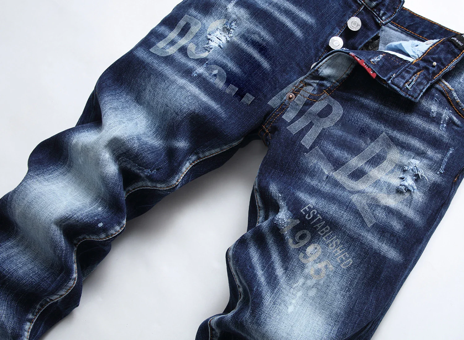 Light Luxury Men’s Slim-fit Stretch Blue Denim Pants,Printing Decors Scratches Ripped Casual Jeans,Stylish Sexy Street Jeans; - Image 3