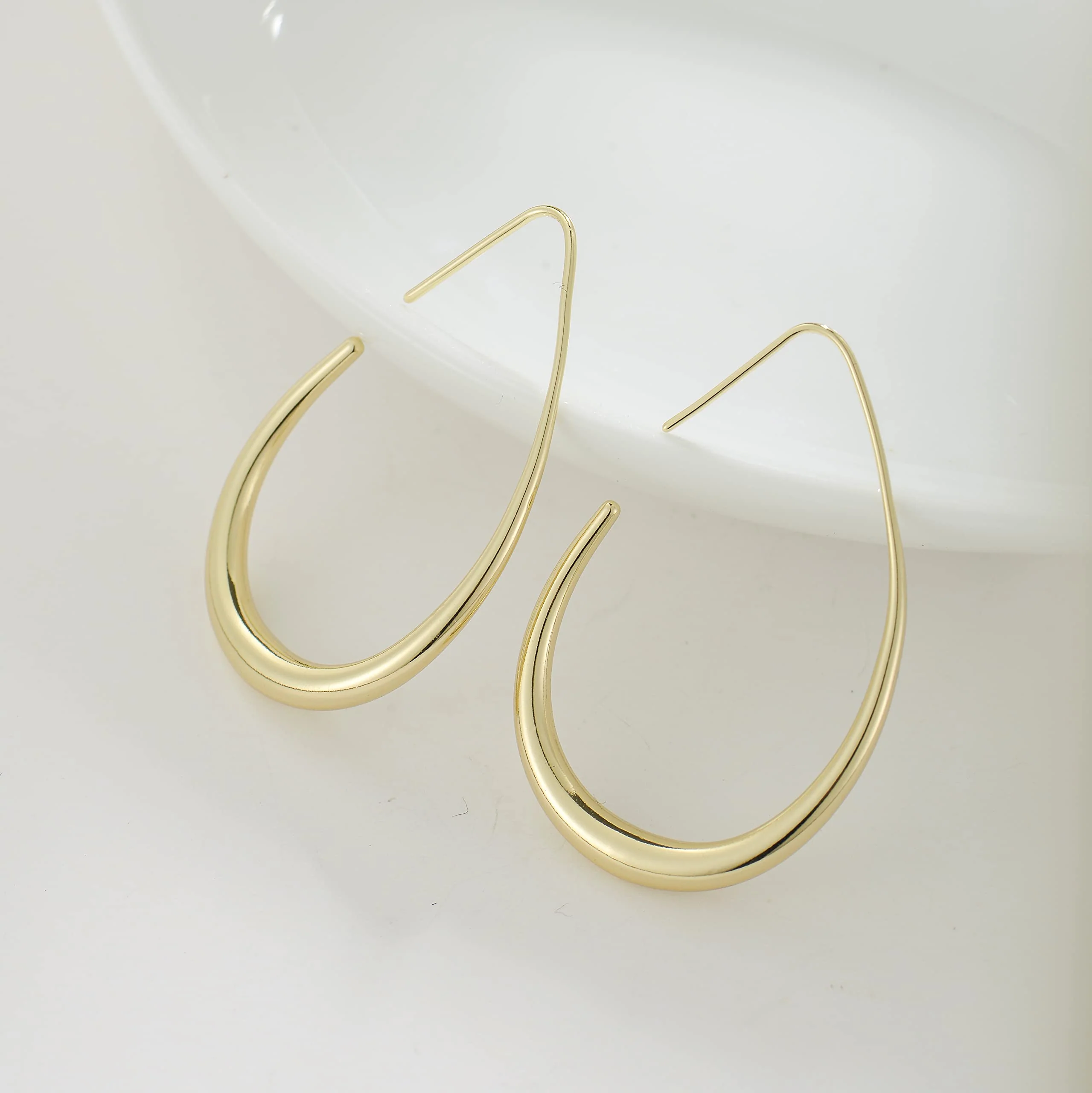 Lightweight Teardrop Hoop Earrings for Women - 14k Gold/White Gold Plated Large Oval Pull Through Hoop Earrings High Polished Statement Jewelry Gift for Women Teen Girls - Image 5