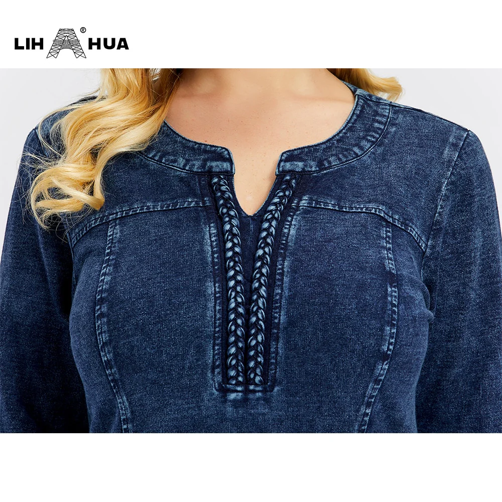 LIH HUA Women's Plus Size Denim Dress Elasticity Knitted Denim Dresses Slim Fit Casual Dress Shoulder Pads Midi Dress - Image 3