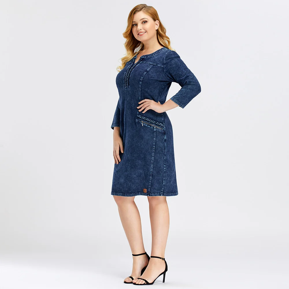 LIH HUA Women's Plus Size Denim Dress Elasticity Knitted Denim Dresses Slim Fit Casual Dress Shoulder Pads Midi Dress - Image 5