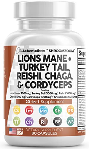 Lions Mane 3000mg 20in1 Mushroom Supplement with Turkey Tail 2000mg Reishi 1000mg Cordyceps Chaga 1000mg Maitake Meshima Poria Cocos Shiitake Oyster Porcini Enoki 60 Count Made In USA - Image 2