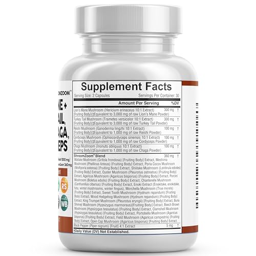 Lions Mane 3000mg 20in1 Mushroom Supplement with Turkey Tail 2000mg Reishi 1000mg Cordyceps Chaga 1000mg Maitake Meshima Poria Cocos Shiitake Oyster Porcini Enoki 60 Count Made In USA - Image 3
