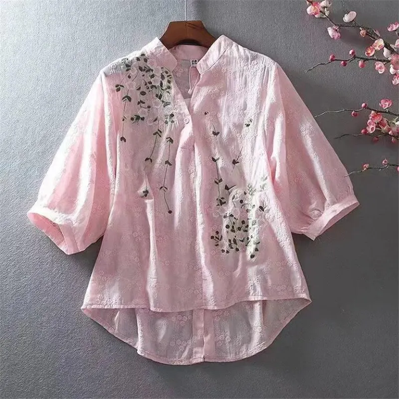 Literary Cotton Shirts For Women Embroidery Flowers Woman Blouses V-neck Half Sleeve Lace Blouses Summer Thin Top Female Shirt - Image 8