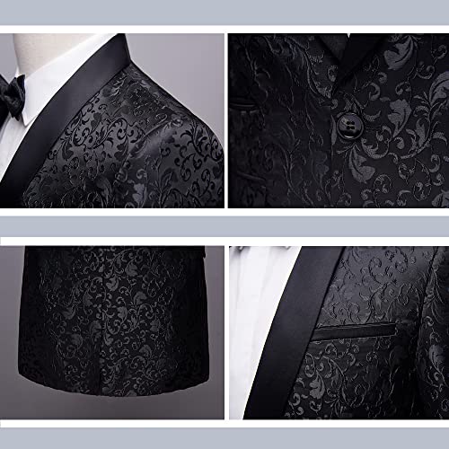 LiveZou Men's Floral Dinner Party Prom Wedding Stylish Tuxedo Coat Suit, Black-2 Piece, Large - Image 4