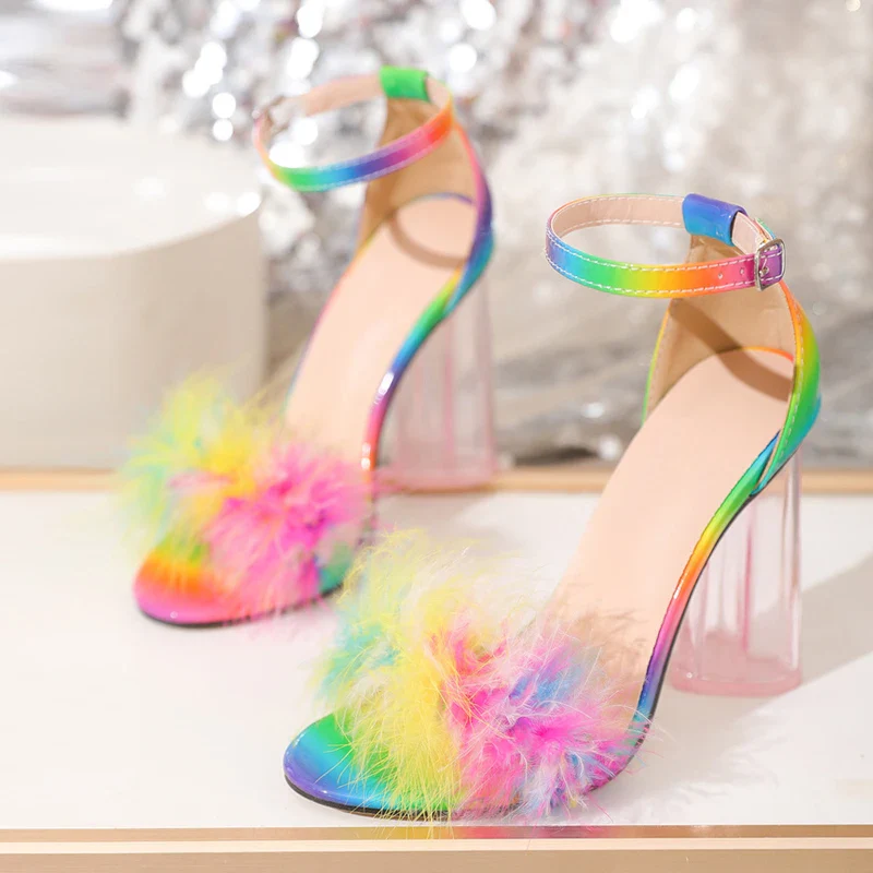 Liyke 2024 New Fashion Fluffy Feather Women's Sandals Transparent Strange High Heels Elegant Ladies Wedding Banquet Shoes Pumps - Image 6