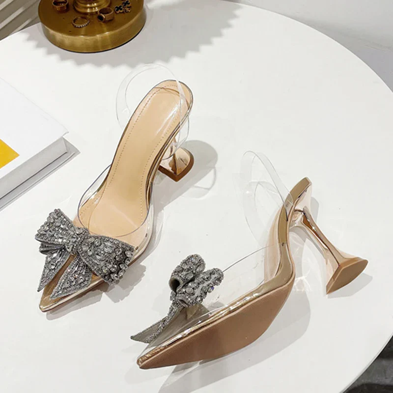 Liyke Fashion Crystal Sequined Bowknot Women Pumps Sexy Pointed Toe High Heels Wedding Prom Shoes Ladies PVC Transparent Sandals - Image 3