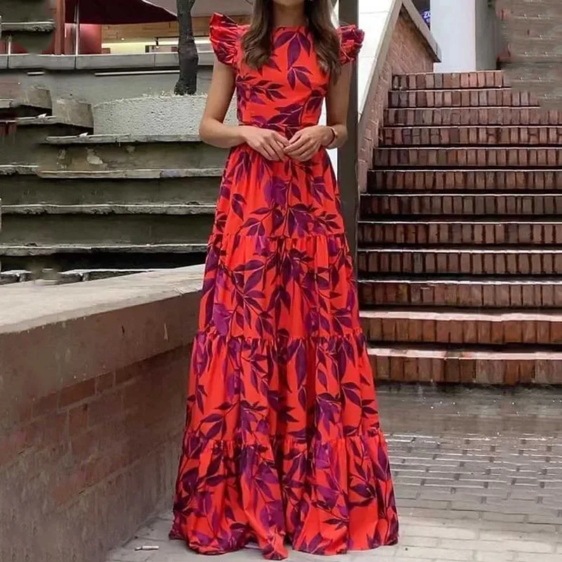 LIYONG Women Maxi Dress Summer Fashion Casual Print Sleeveless Round Neck Cutout Nipped Waist Party Dresses High Streetwear