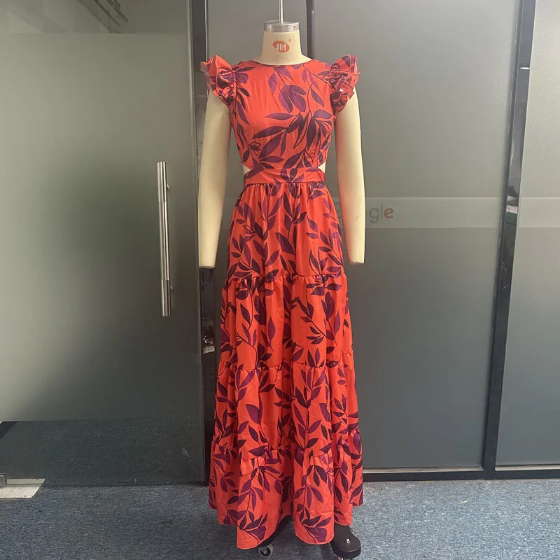 LIYONG Women Maxi Dress Summer Fashion Casual Print Sleeveless Round Neck Cutout Nipped Waist Party Dresses High Streetwear - Image 4