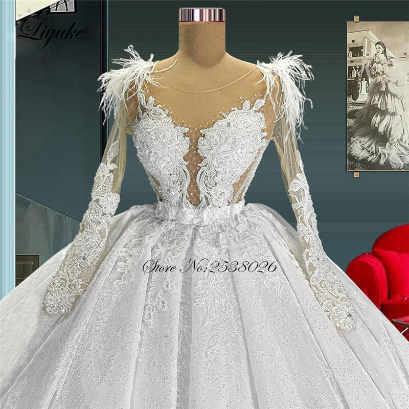 Liyuke Shoulder Feather Ball Gown Wedding Dreses Full Sleeve Glitter Skirt Of Floor Length V Neckline - Image 3