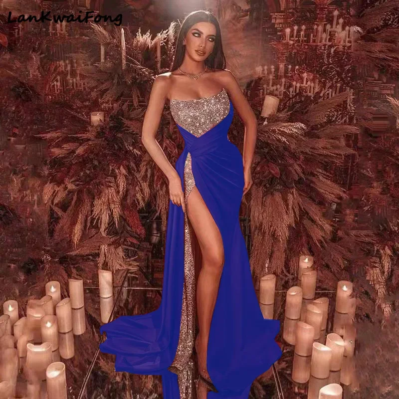 LKF New Elegant Evening Dress Sequin Splice Split Floor Dragging Long Dress Sexy Off Shoulder Bust Large Swing Fishtail Dress - Image 2
