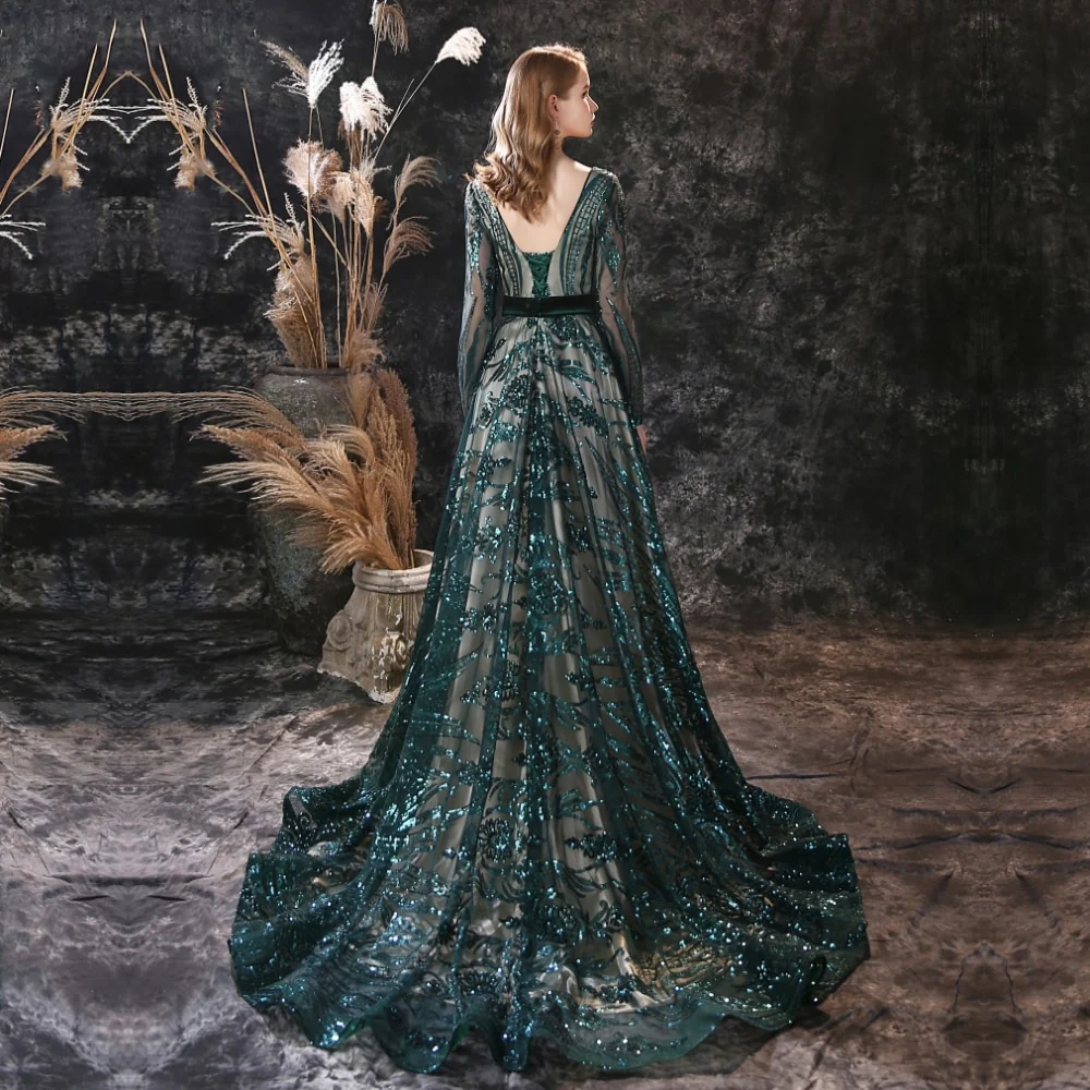 Long Evening Dresses Gorgeous Elegant Muslim Mermaid Long Sleeve Sequined Hunter Green Prom Party Formal Occasion Gown - Image 6