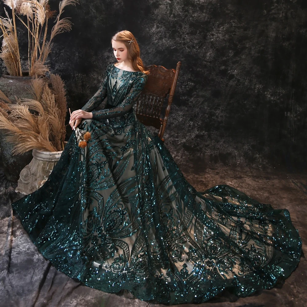 Long Evening Dresses Gorgeous Elegant Muslim Mermaid Long Sleeve Sequined Hunter Green Prom Party Formal Occasion Gown - Image 8