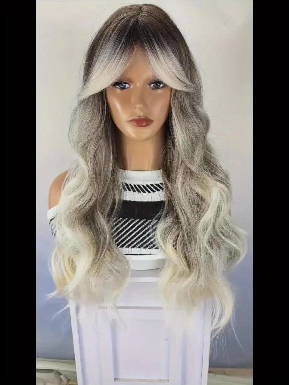 Long Ombre Brown Blonde Wavy Wigs With Curtain Bangs For Women Synthetic Curly Wig Heat Resistant Fiber Wigs For Daily Cosplay - Image 6