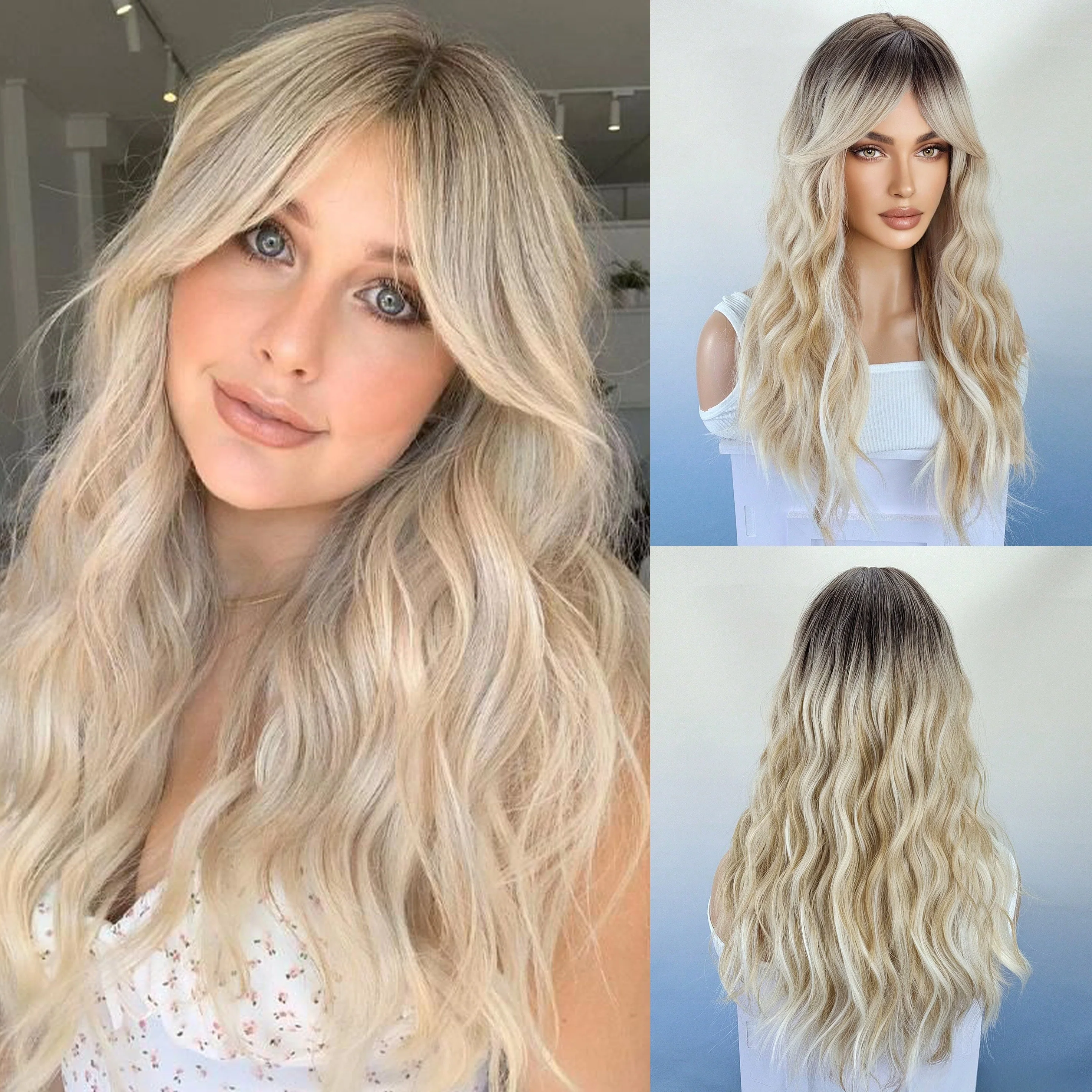 Long Ombre Brown Blonde Wavy Wigs With Curtain Bangs For Women Synthetic Curly Wig Heat Resistant Fiber Wigs For Daily Cosplay - Image 8