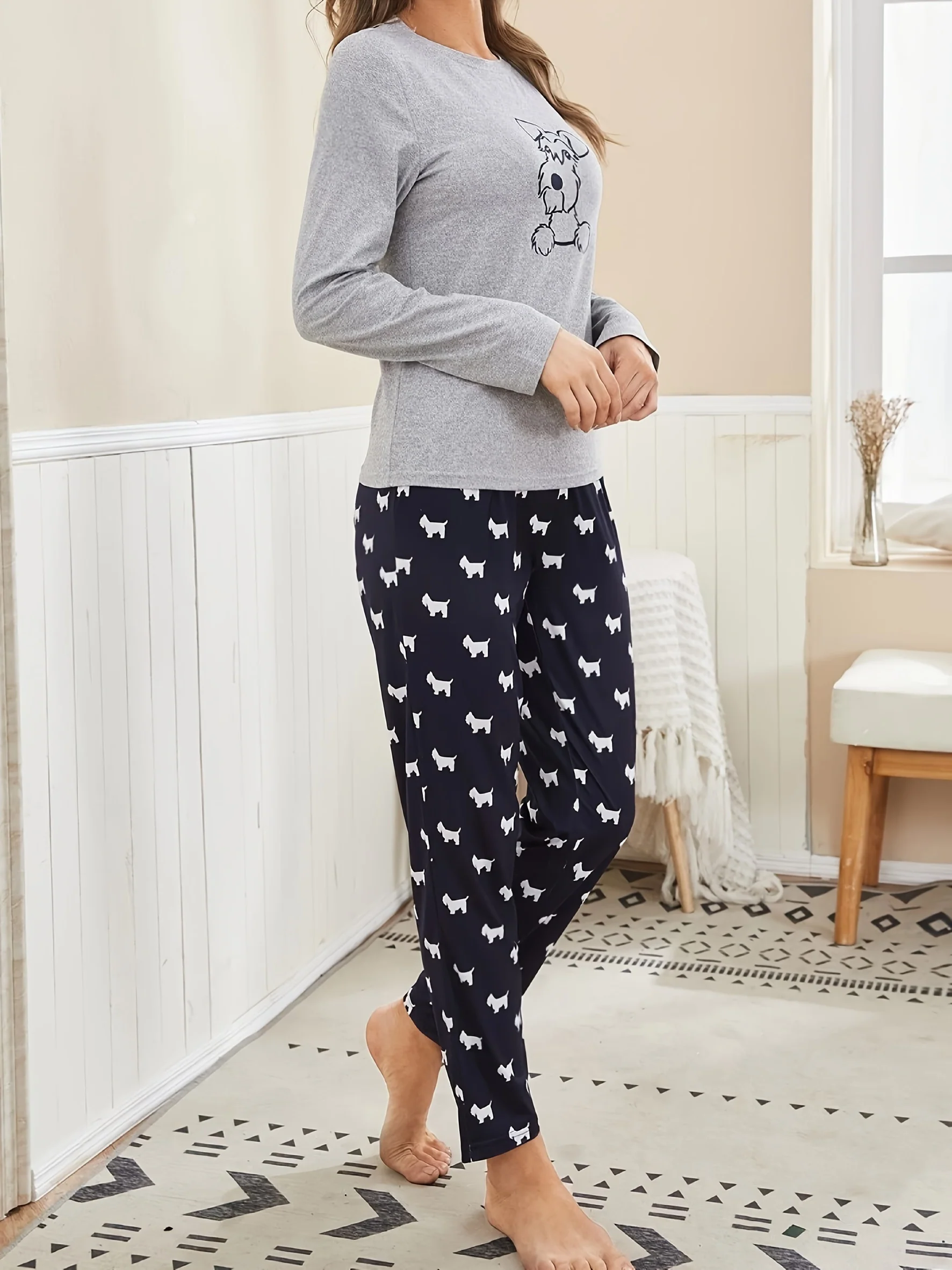 Long Sleeve Cartoon Dog Print Pajama Set, Women's Crew Neck Top & Elastic Waistband Pants Sleepwear & Loungewear - Image 4