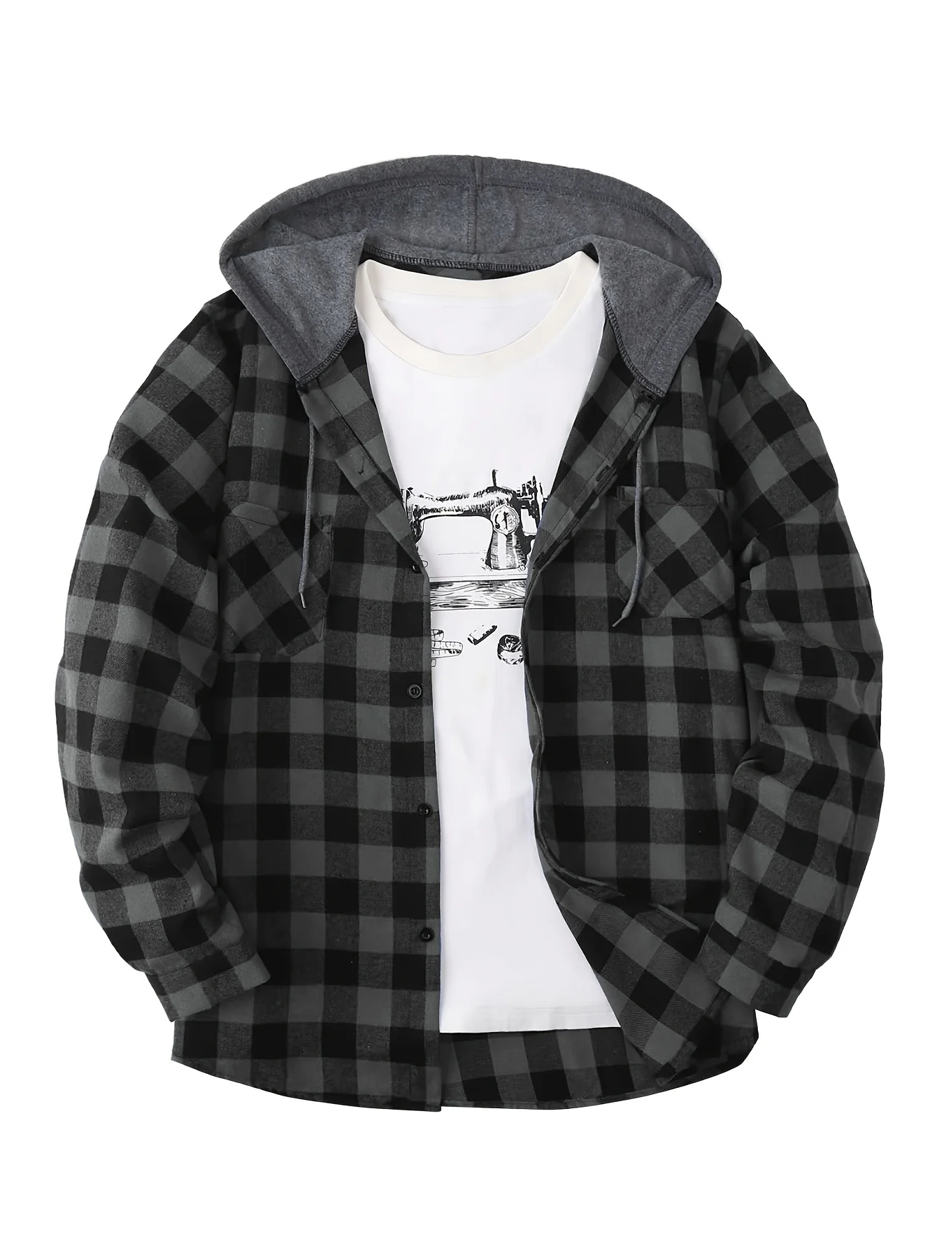 Long Sleeve Casual Regular Fit Button Up Hooded Shirts Jacket, Plaid Shirt Coat For Men - Image 10