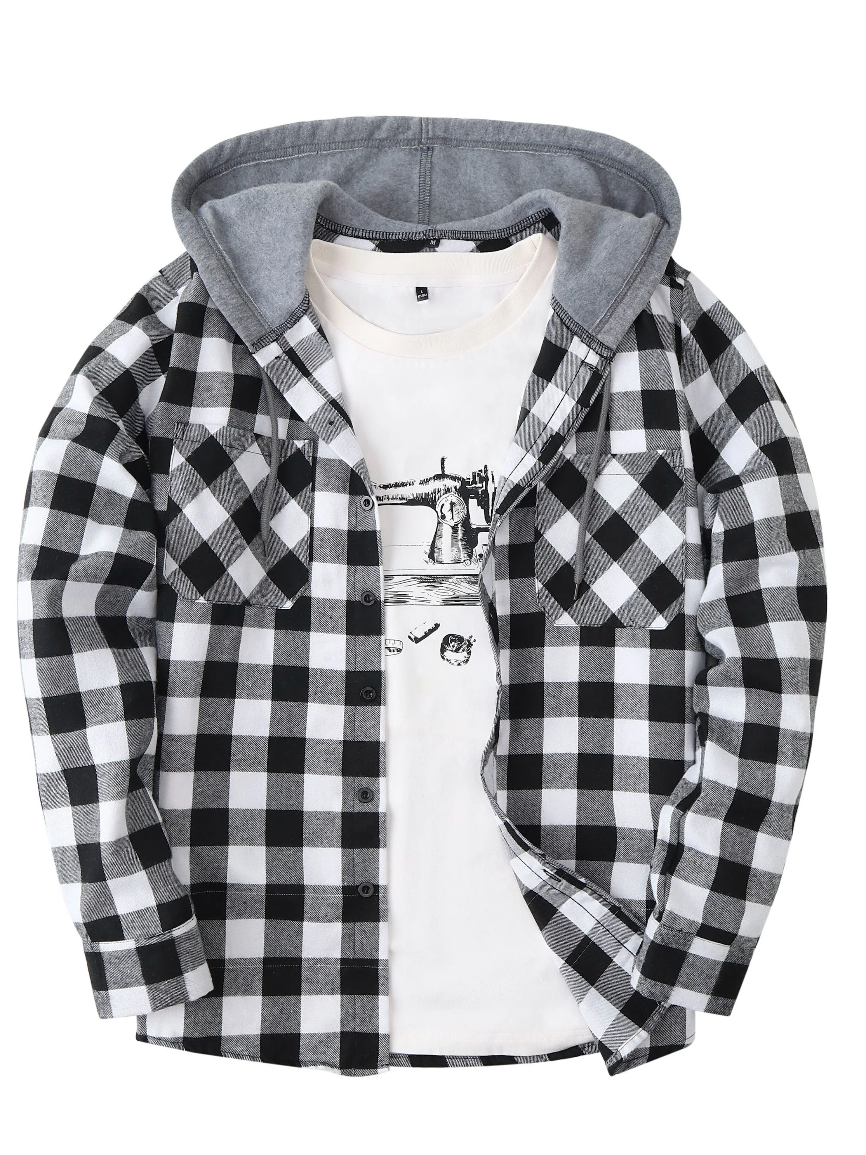 Long Sleeve Casual Regular Fit Button Up Hooded Shirts Jacket, Plaid Shirt Coat For Men - Image 8