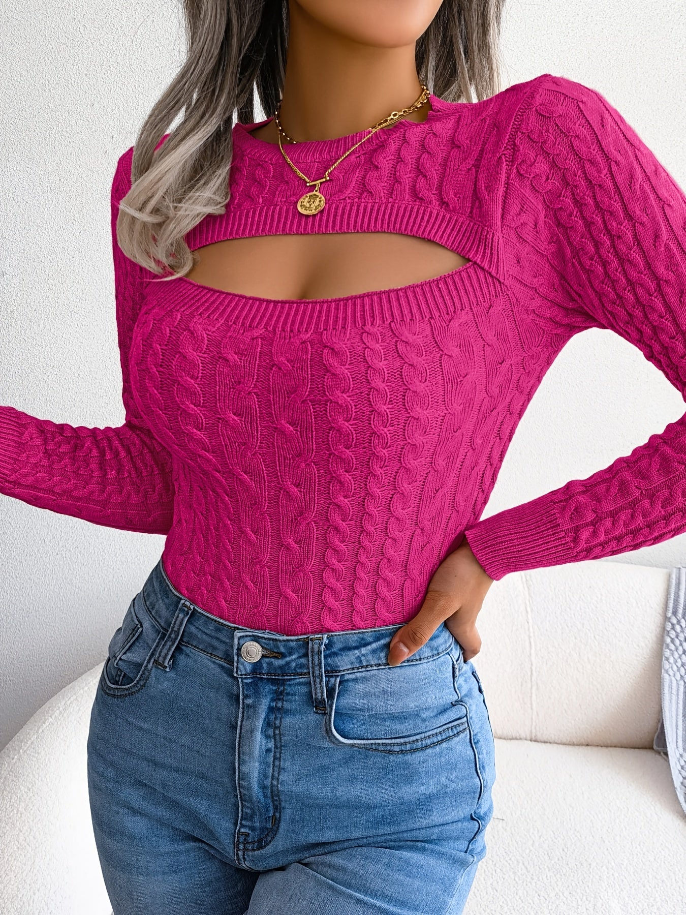 Long Sleeve High Stretch Acrylic Blend Women's Sexy Hollow-Out Knit Pullover Sweater, Skinny Fit, Solid Color, Spring/Fall Fashion Top, Crew Neck, Polyester 28%, Polyamide 22%, Viscose 28% - Image 2
