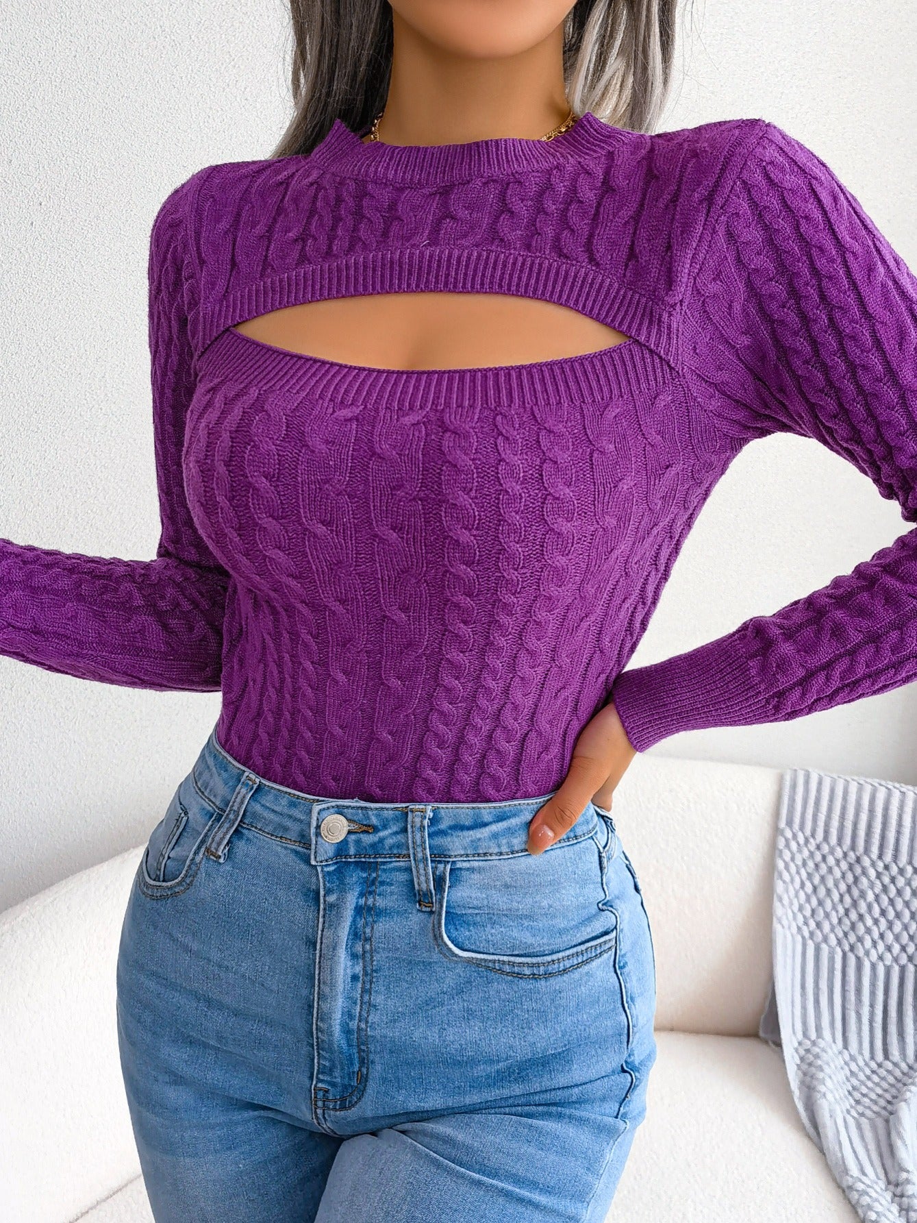 Long Sleeve High Stretch Acrylic Blend Women's Sexy Hollow-Out Knit Pullover Sweater, Skinny Fit, Solid Color, Spring/Fall Fashion Top, Crew Neck, Polyester 28%, Polyamide 22%, Viscose 28% - Image 3